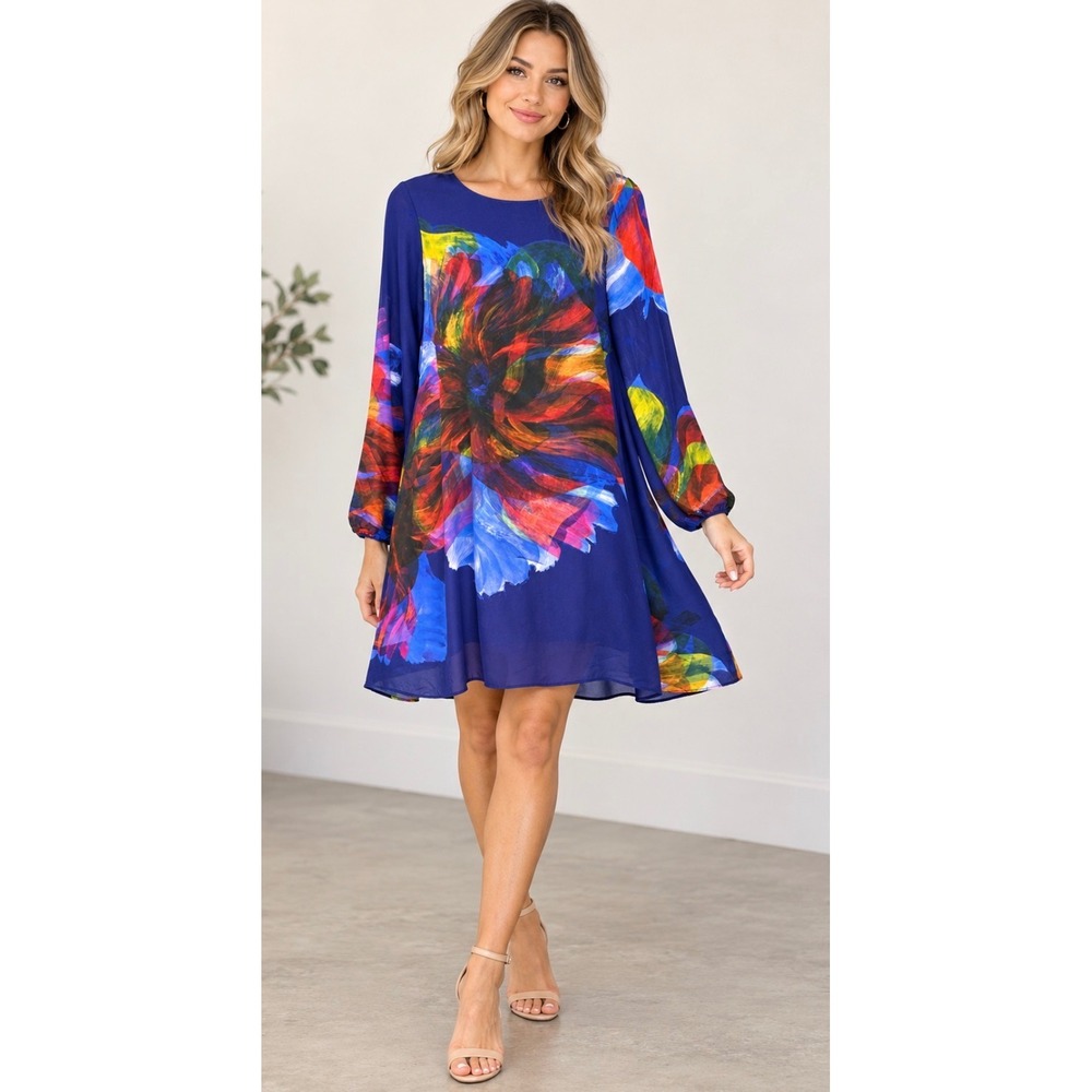 Leifsdottir Dress Womens XS Blue Floral Silk Mini Shift Long Sleeve 17812